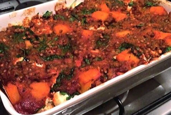 pumpkin spinach and lentil lasagne