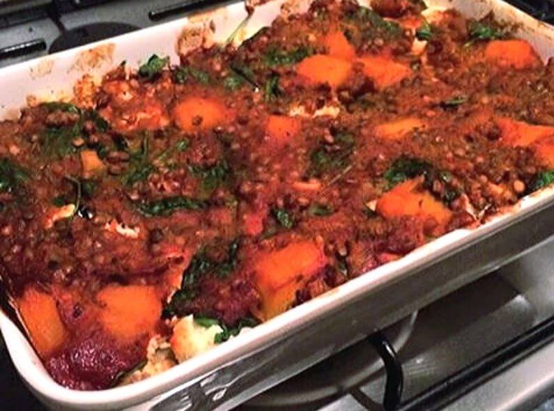 pumpkin spinach and lentil lasagne